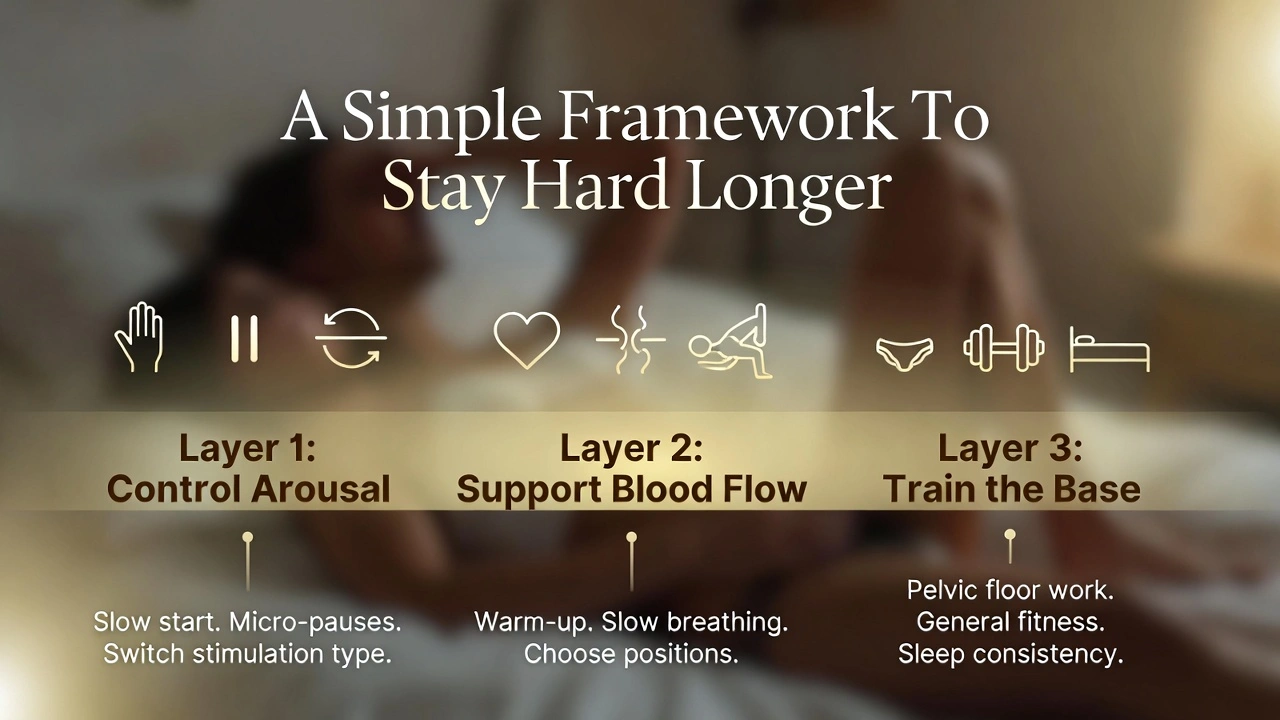Three-layer framework for better endurance: arousal control, blood flow support, and pelvic floor training