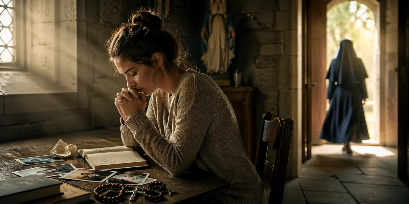 Woman praying in a chapel while discerning religious vocation after a difficult past
