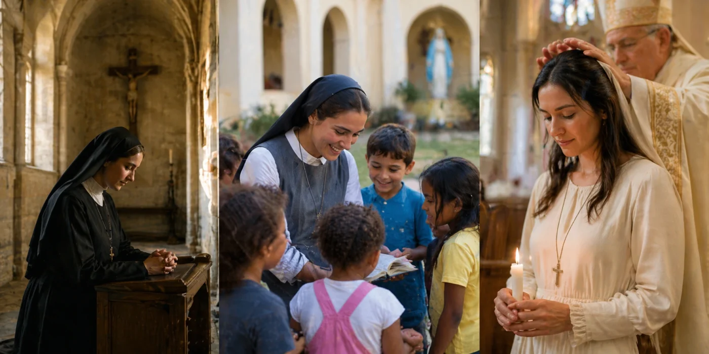 Nun religious sister and consecrated virgin showing different Catholic vocations