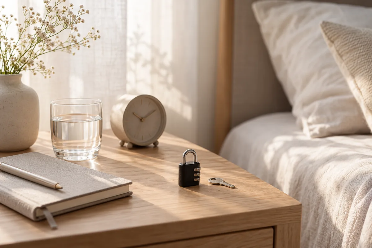 Small numbered plastic lock and key on a bedside table, illustrating long-term chastity cage wear and keeping an emergency key within reach