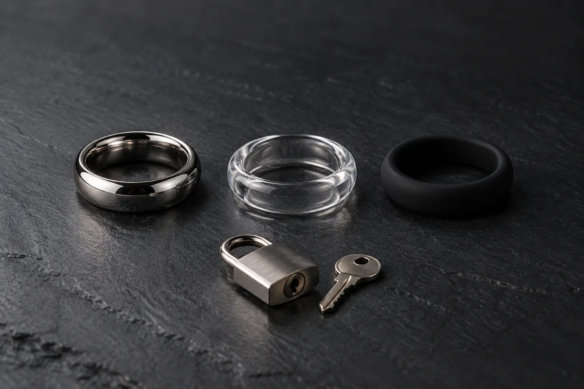 Chastity cage materials compared: polished stainless steel ring, clear polycarbonate ring and soft black silicone ring with a small padlock and key