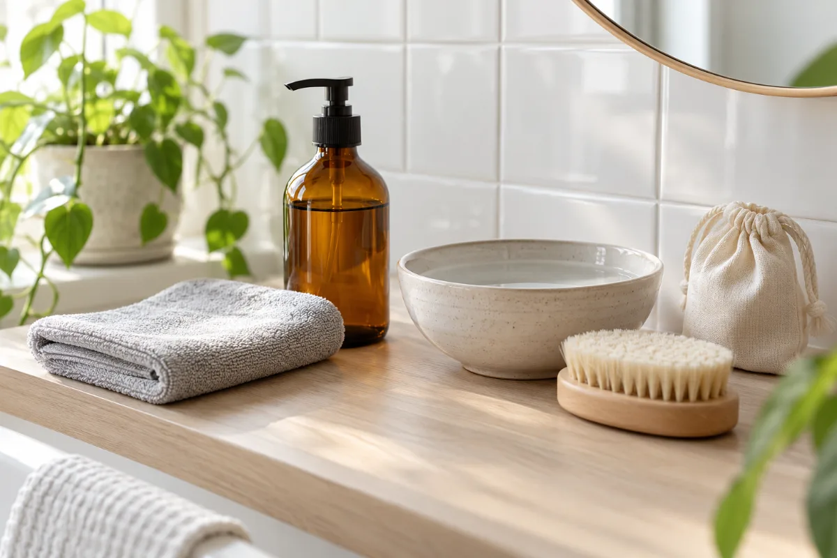 Gentle cleaning supplies for a chastity cage: unscented mild soap, microfibre towel, bowl of warm water and soft brush on a bathroom shelf